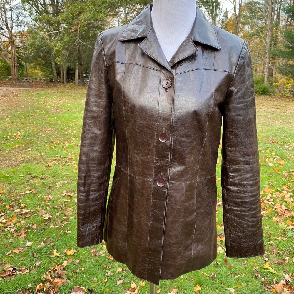 SUNDANCE JACKET COAT BROWN LEATHER BLAZER BUTTONS LAPEL LONG SLEEVES SIZE S